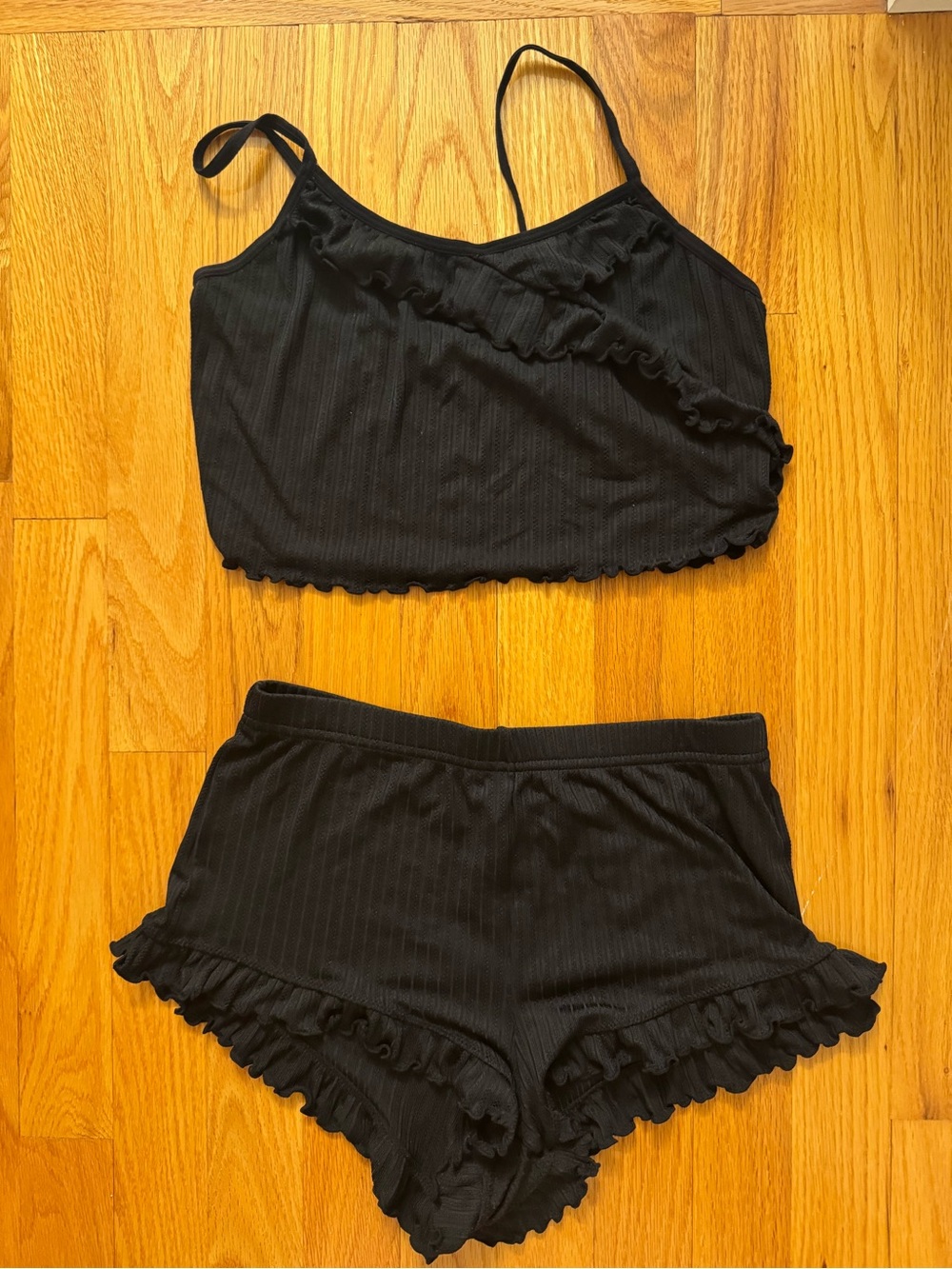 SHEIN Black Ribbed Ruffle Cami & Shorts Sleep Set